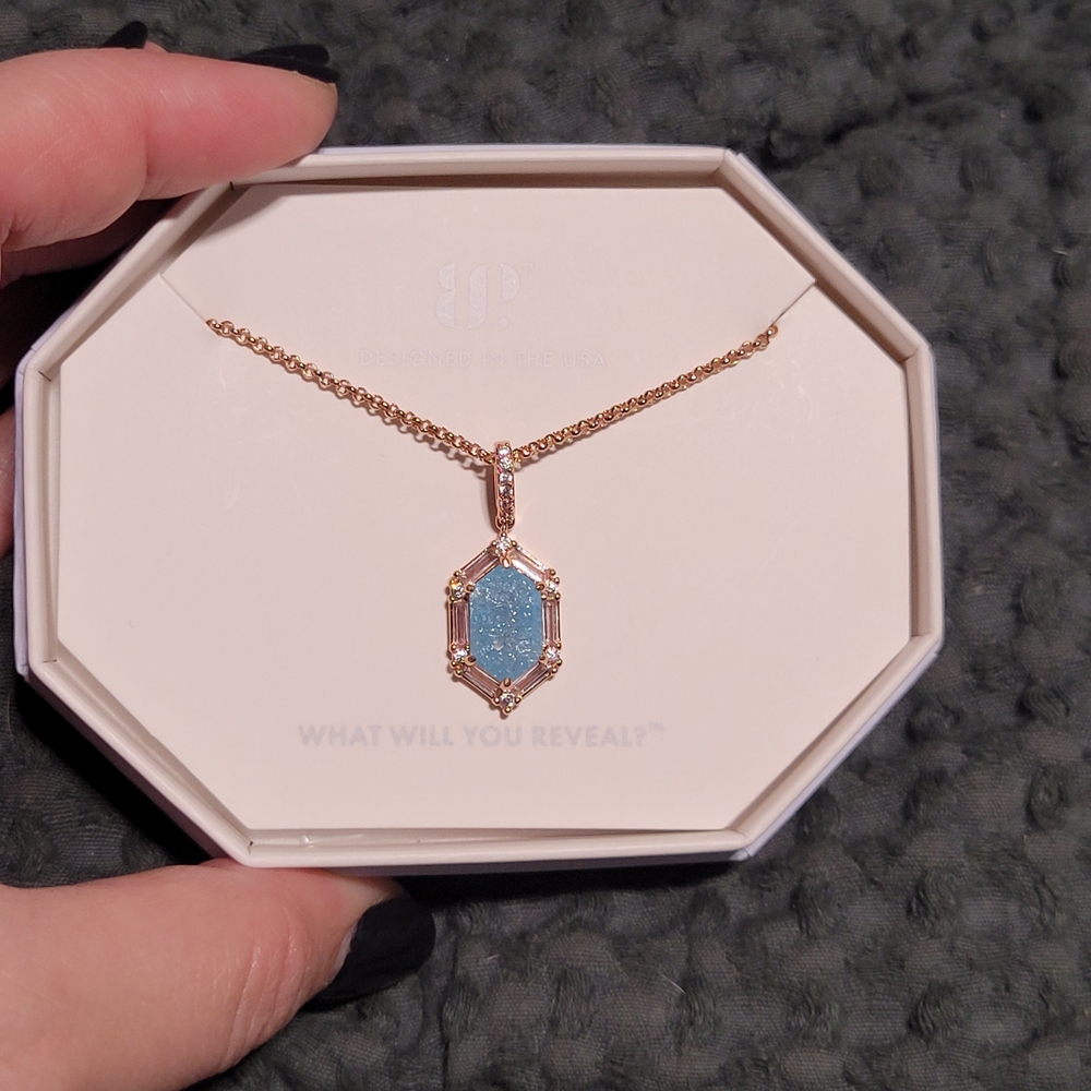 Hexagon Druzy Pendant Necklace in Rose Gold with Light Blue Stone